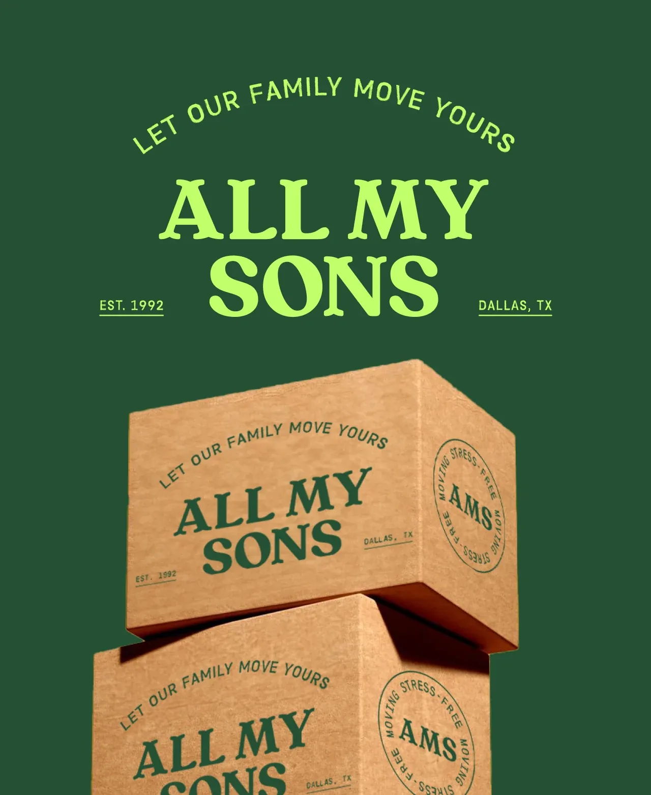 An All My Sons moving box on a kitchen counter beside a vase of flowers and a framed wedding photograph.