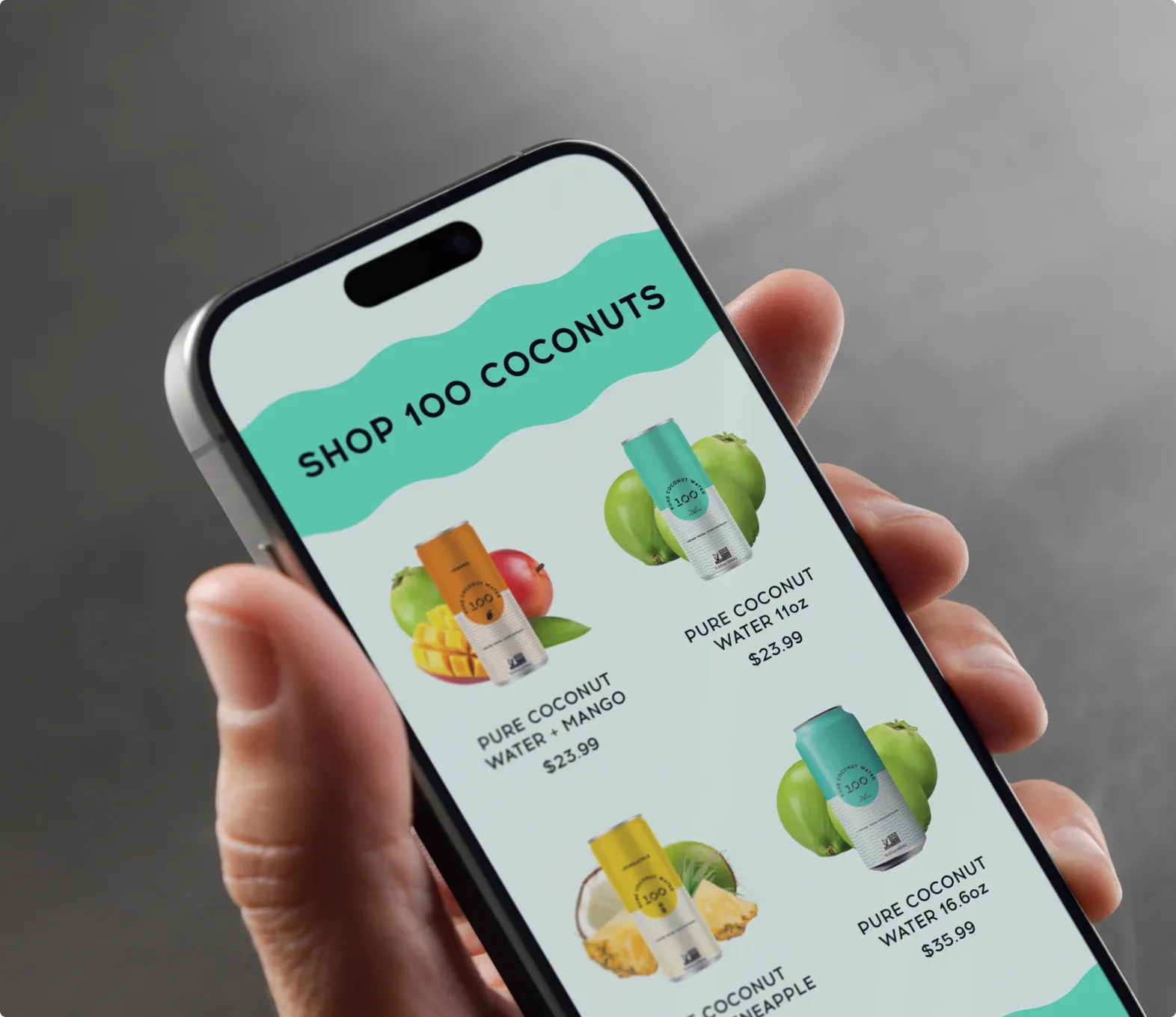 A hand holding a phone open on the 100 Coconuts shop: “Shop 100 Coconuts”.