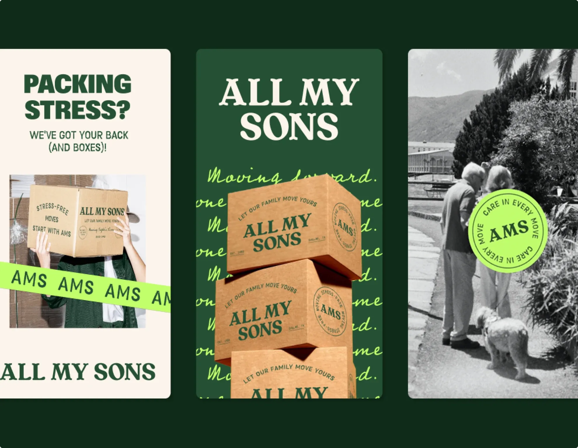 Three All My Sons social posts on dark green: “Packing stress?”, a stack of branded boxes, and a couple walking their dog.