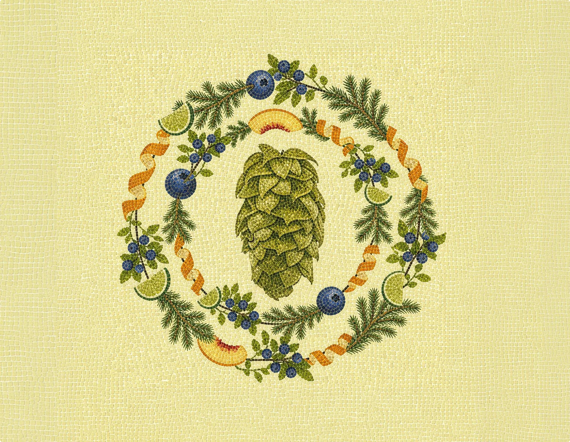 An engraved hop cone ringed by a wreath of blueberries, citrus and herbs on a pale yellow ground.