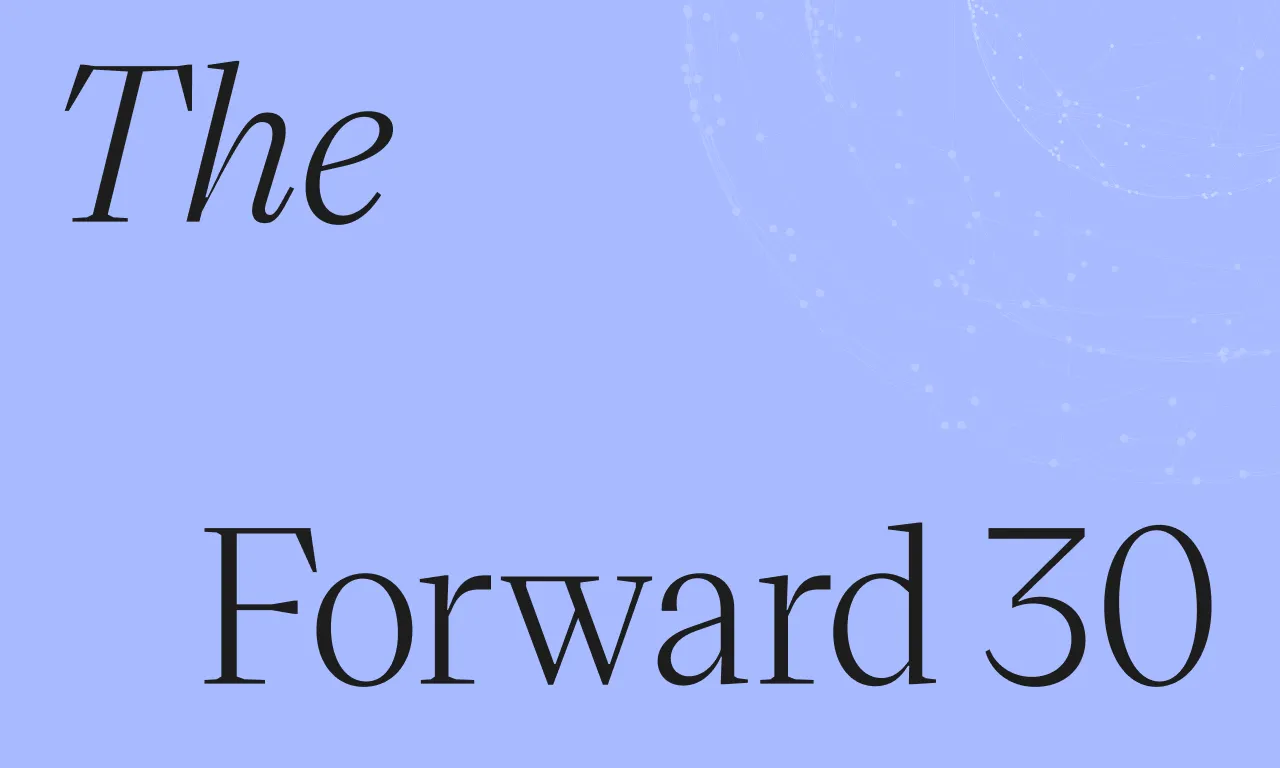 The Forward 30, set in serif type on a pale blue ground.