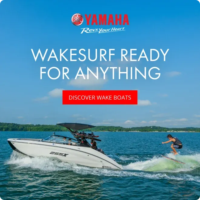 A Yamaha wake boat ad: "Wakesurf ready for anything."