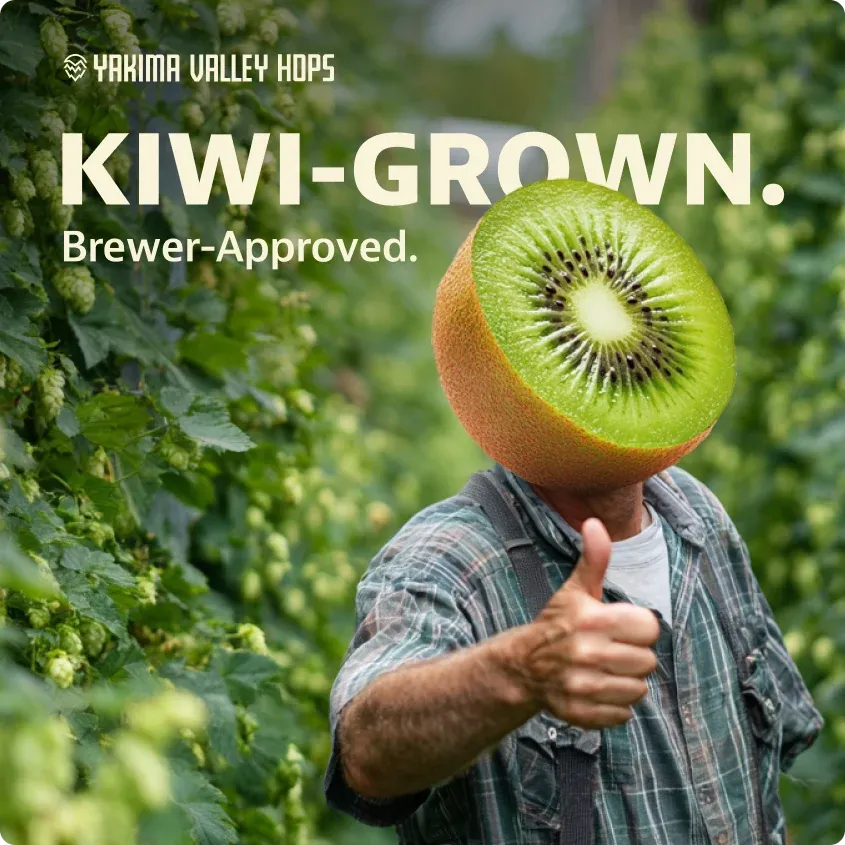 A Yakima Valley Hops ad: "Kiwi-grown. Brewer-approved.", a hop grower giving a thumbs up with a kiwi for a head.