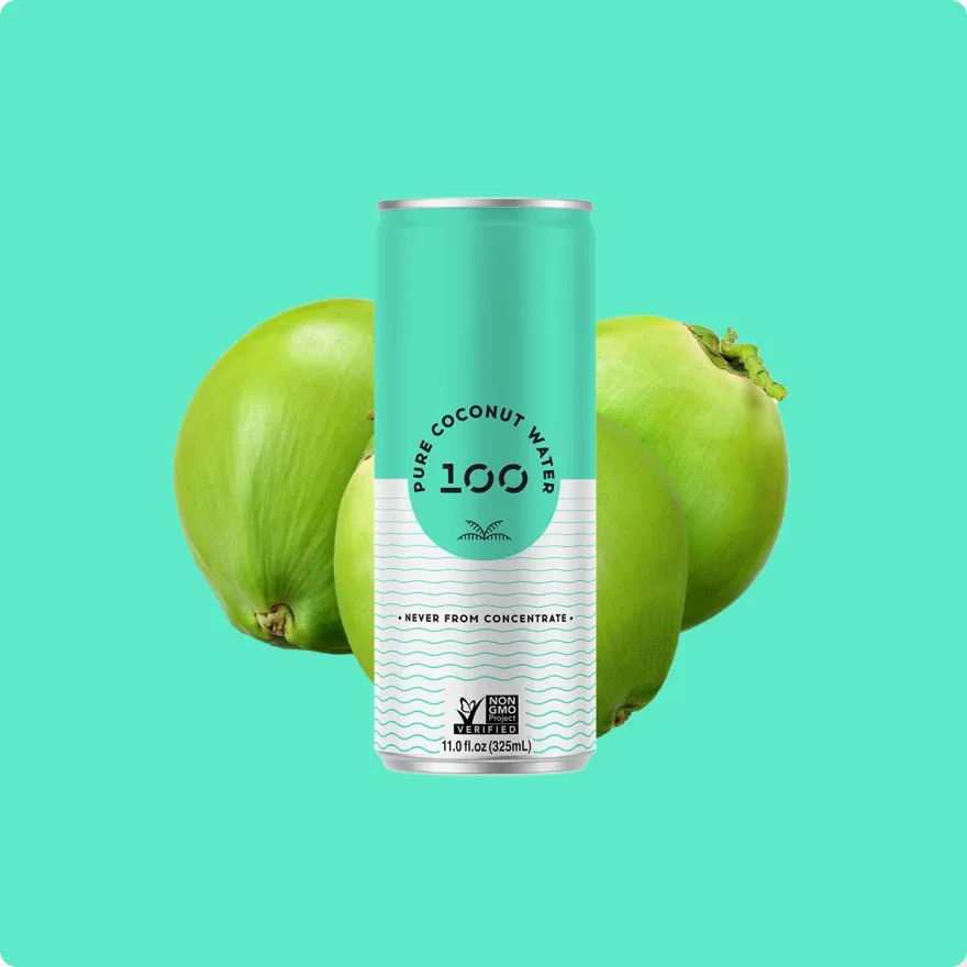 A teal 100 Coconuts can between two green coconuts.