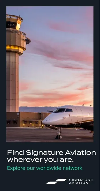 A control tower and jet at dusk: "Find Signature Aviation wherever you are."