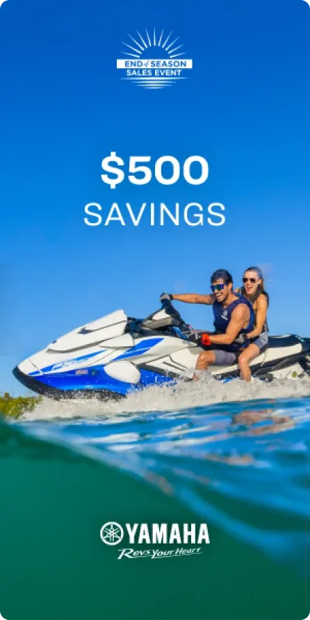 A tall Yamaha WaveRunner ad: "$500 savings."