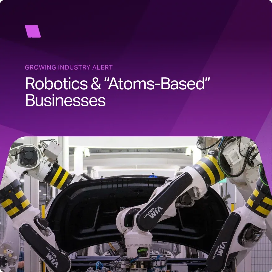A Venture Atlanta post, "Growing industry alert: robotics and atoms-based businesses", over a robotic arm.