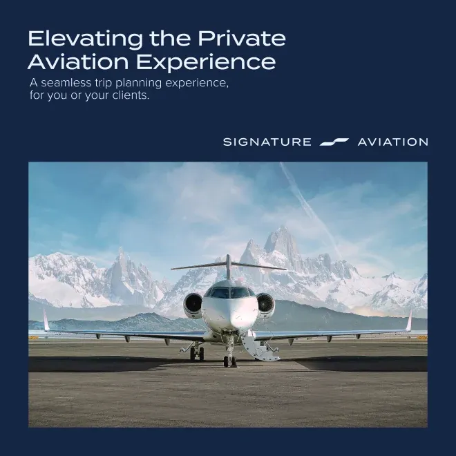 A Signature Aviation ad of a jet before snowy peaks: "Elevating the Private Aviation Experience."