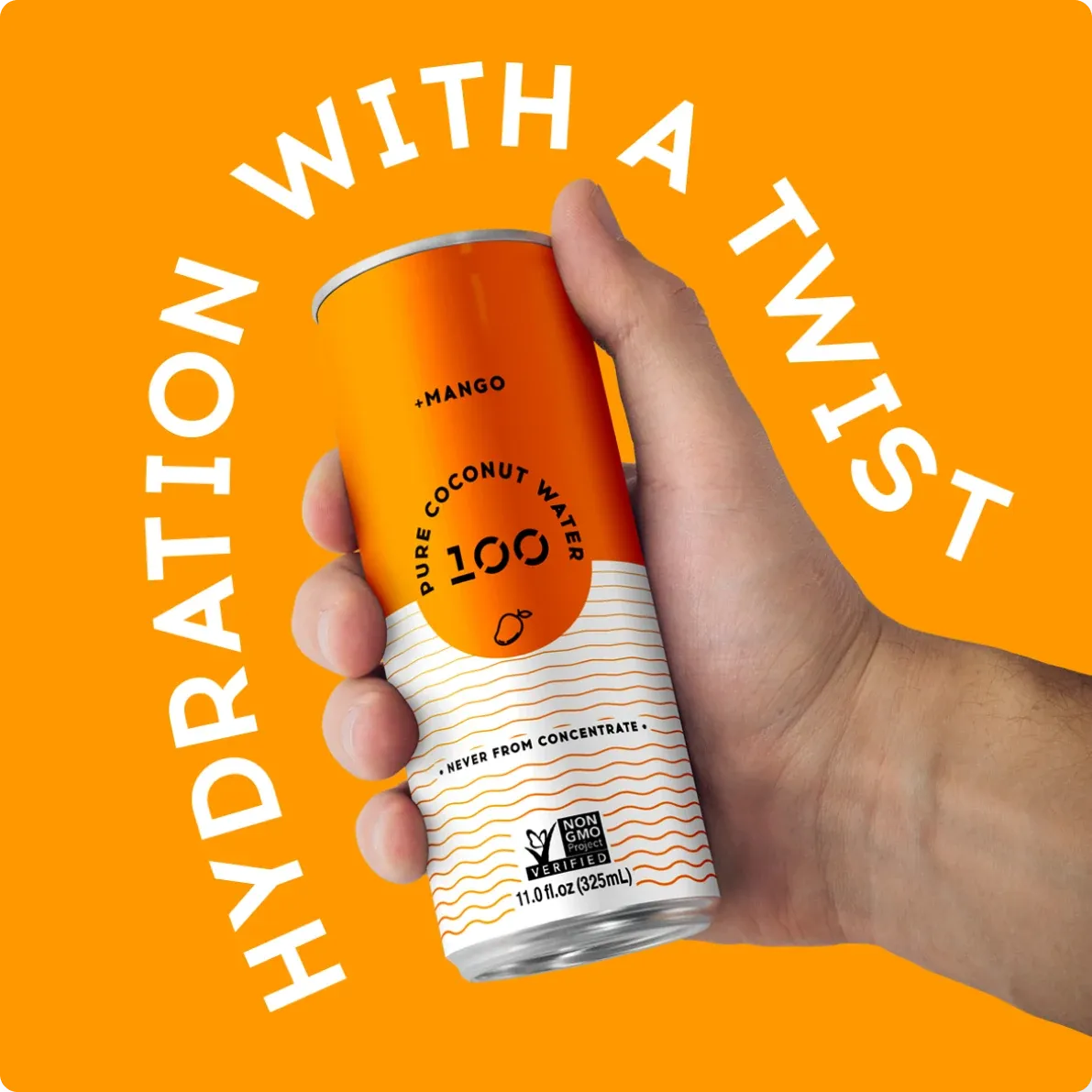 A hand holding a mango can of 100 Coconuts, ringed by “Hydration with a twist”, on orange.