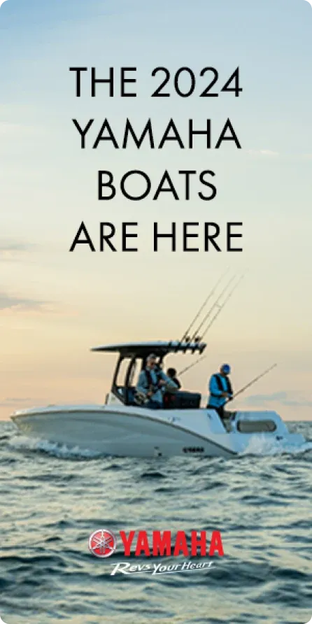 A tall Yamaha ad: "The 2024 Yamaha boats are here."