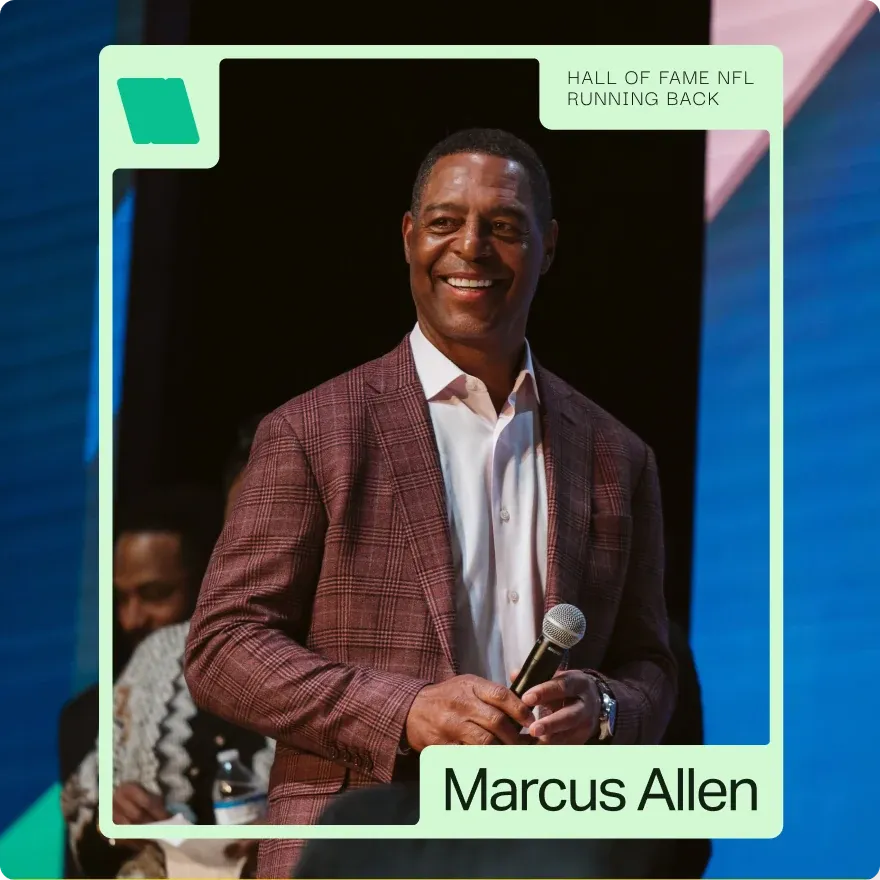 A Venture Atlanta speaker card for Marcus Allen, Hall of Fame NFL running back.