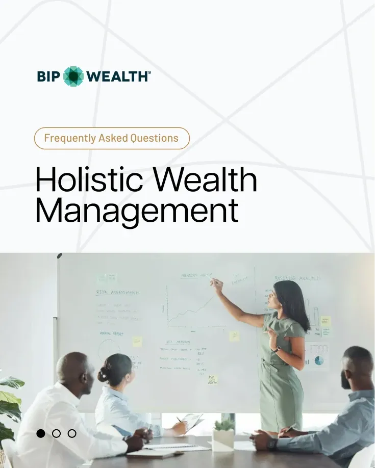 A BIP Wealth post, "Holistic Wealth Management: frequently asked questions", over a woman presenting at a whiteboard.