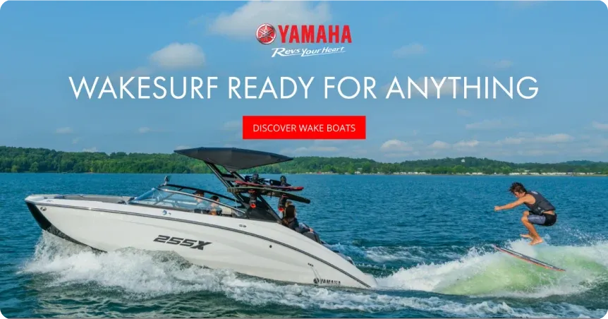 A wide Yamaha wake boat ad: "Wakesurf ready for anything."