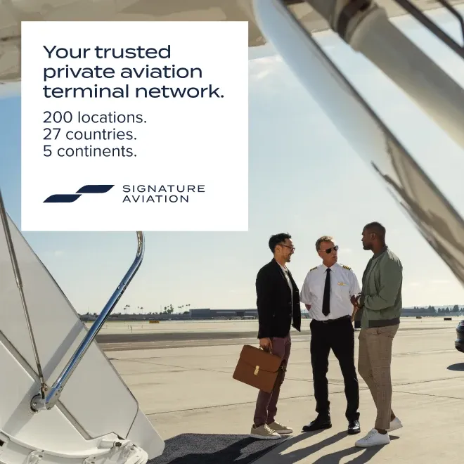 Three travellers talking at the foot of a jet airstair: "Your trusted private aviation terminal network."