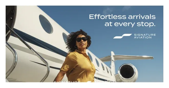 A traveller in sunglasses beside a jet: "Effortless arrivals at every stop."