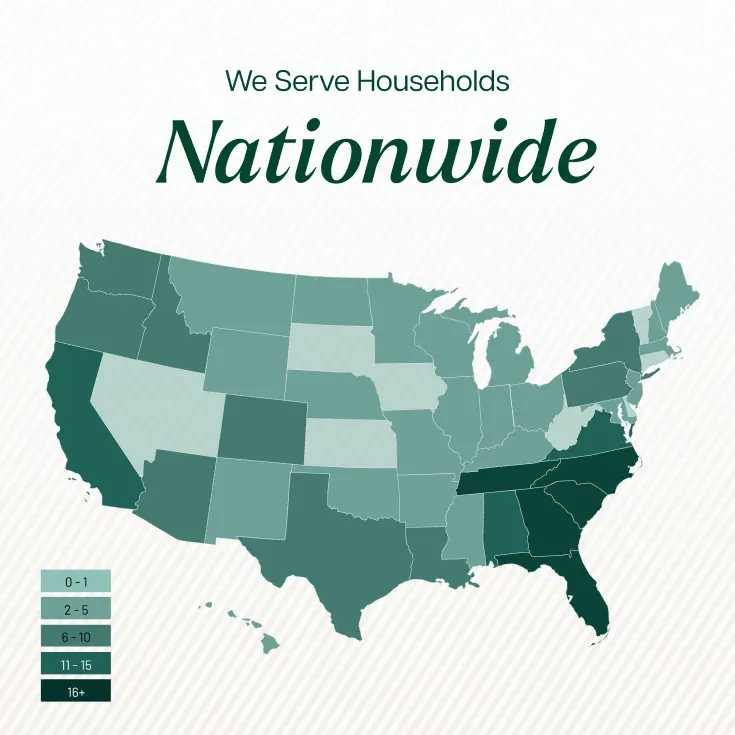 A BIP Wealth post, "We Serve Households Nationwide", over a map of the United States shaded by clients.