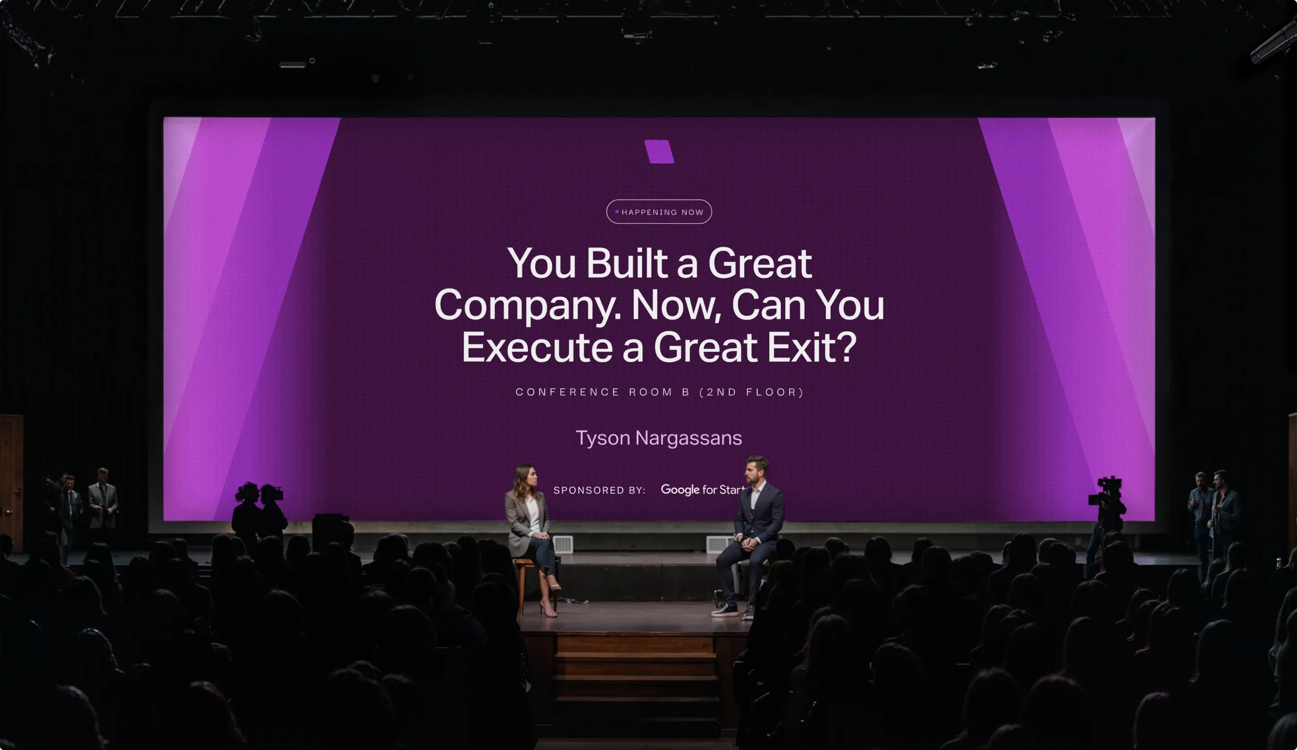 A fireside chat on the Venture Atlanta stage under a purple screen: "You built a great company. Now, can you execute a great exit?"