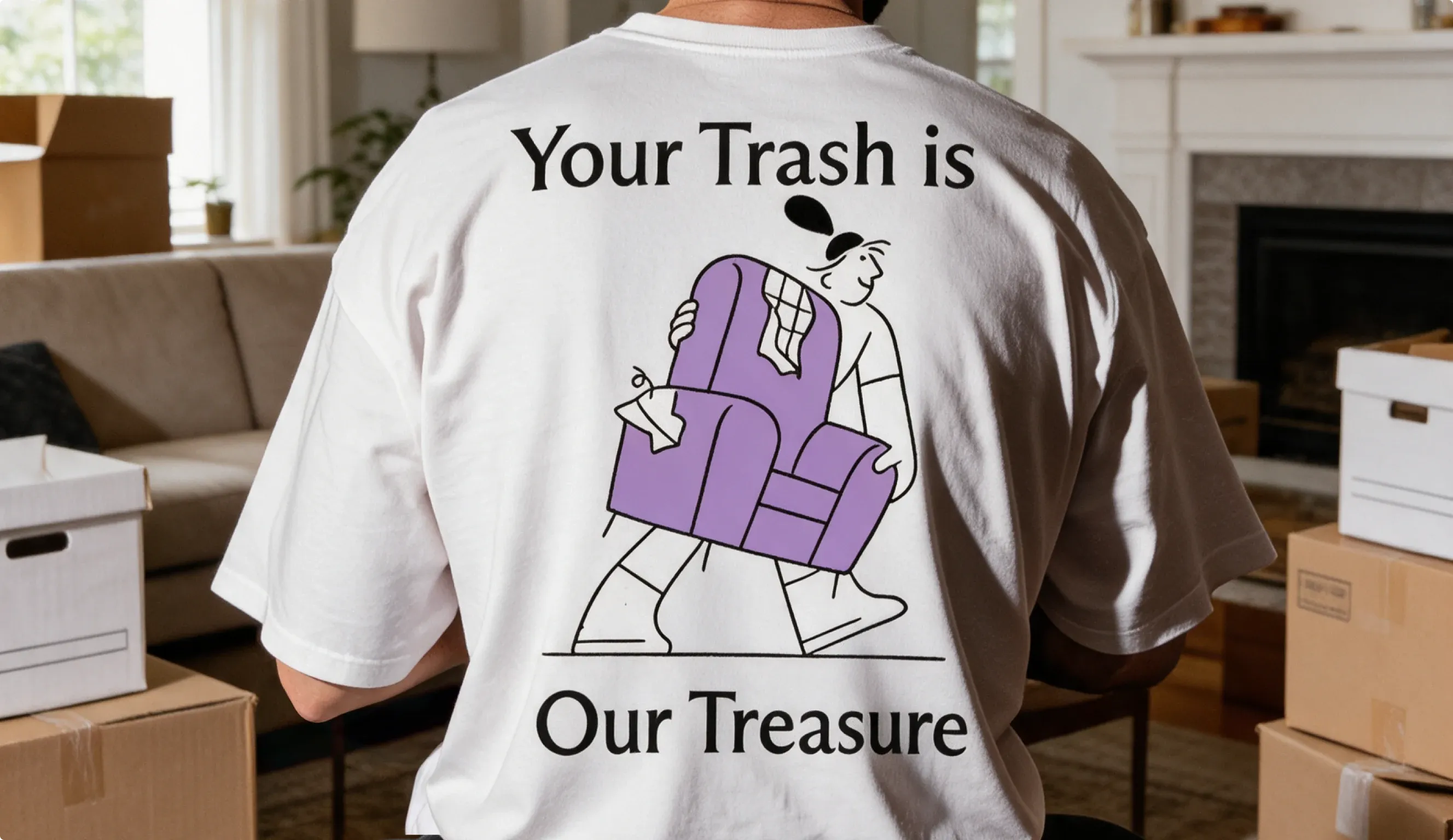 A man seen from behind in a white Junk.com T-shirt reading “Your Trash is Our Treasure”, among moving boxes.