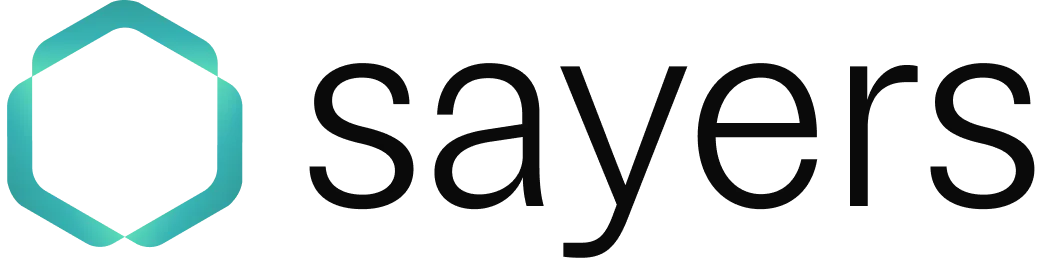 The new Sayers logo, a teal hexagon beside the wordmark.