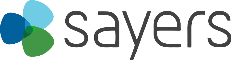 The old Sayers logo, a cluster of blue and green petals beside the wordmark.