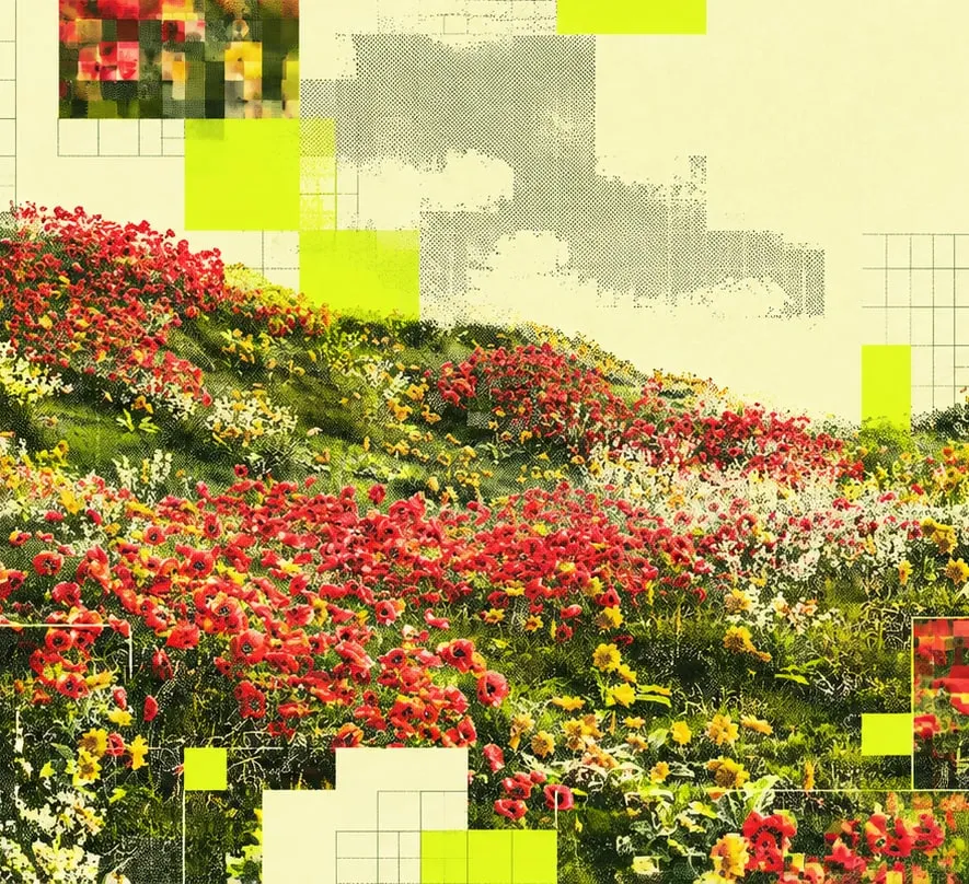 A hillside of red poppies and yellow wildflowers under a scatter of lime pixel squares and grid lines, patches of it pixelated as if seen by a machine