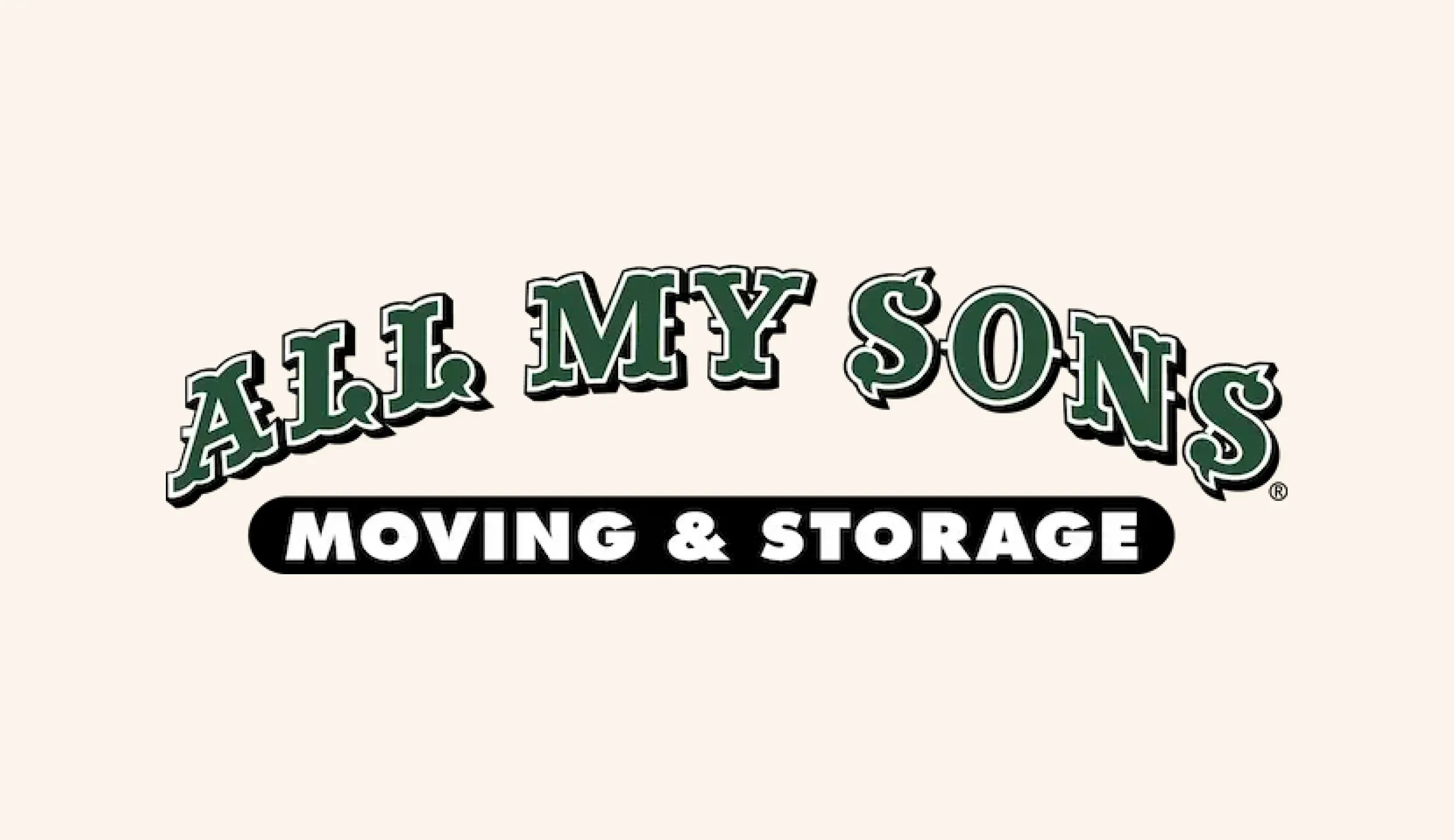 The old All My Sons Moving & Storage logo: arched western capitals in green over a black “Moving & Storage” bar, on cream.