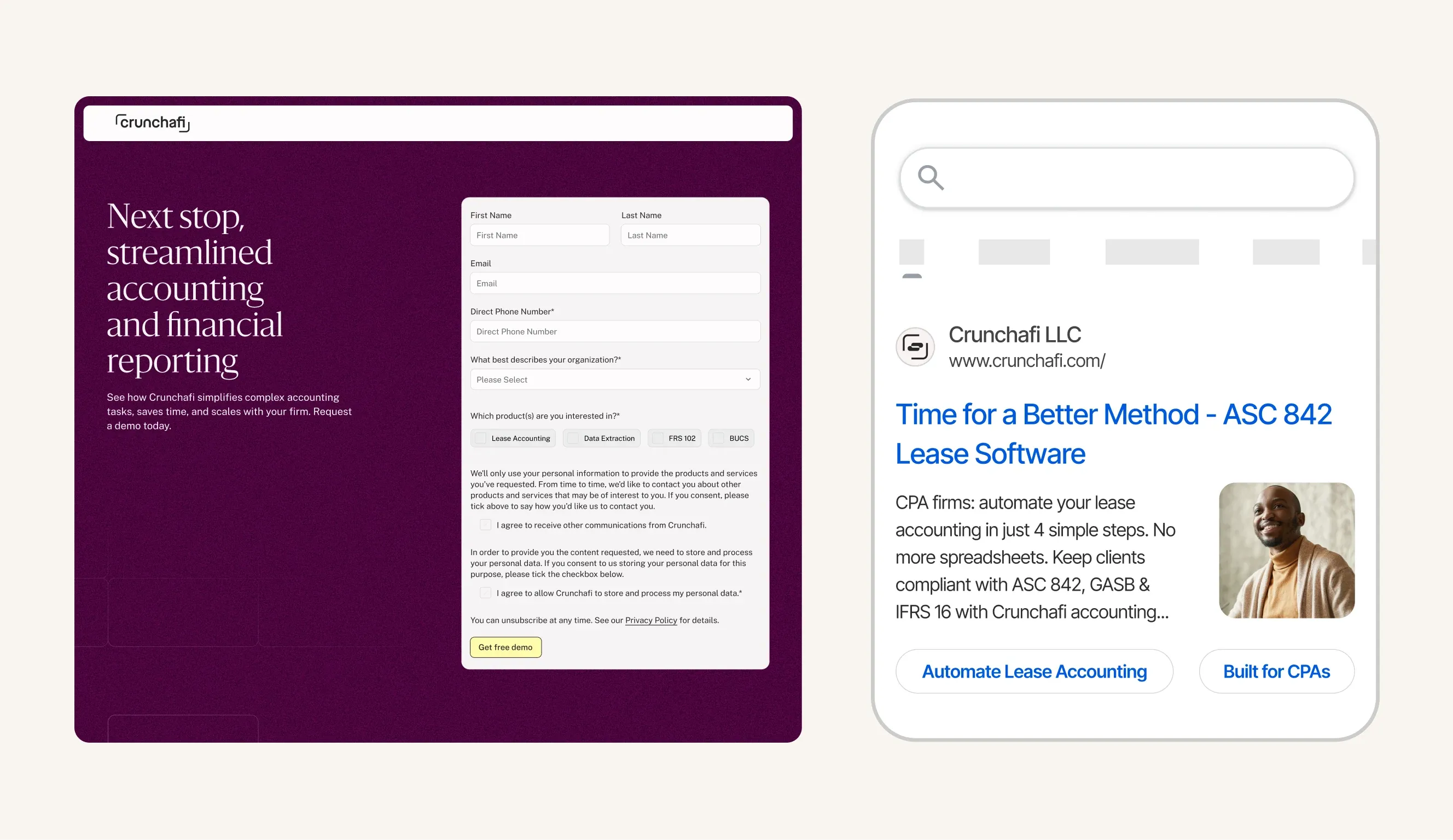 A Crunchafi demo request landing page beside its sponsored search ad, “Time for a Better Method - ASC 842 Lease Software”.
