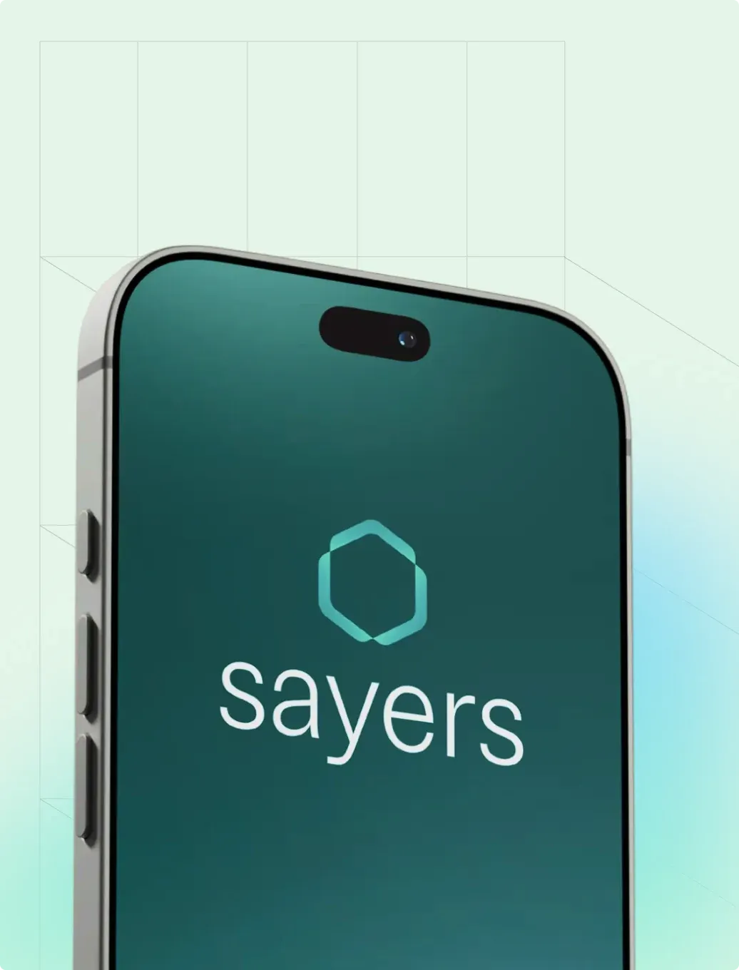 A phone showing the Sayers hexagon and wordmark on its teal splash screen.