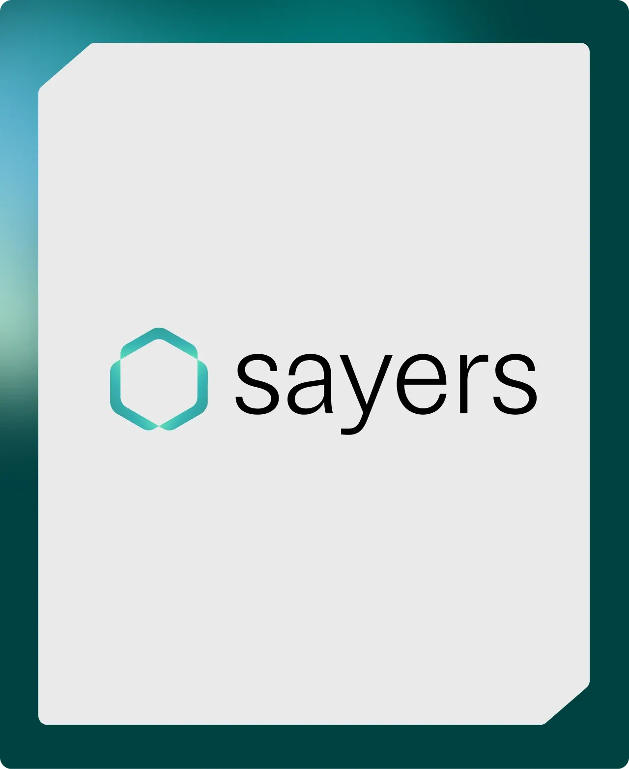 The Sayers wordmark and its hexagon mark on a pale panel over a teal ground.