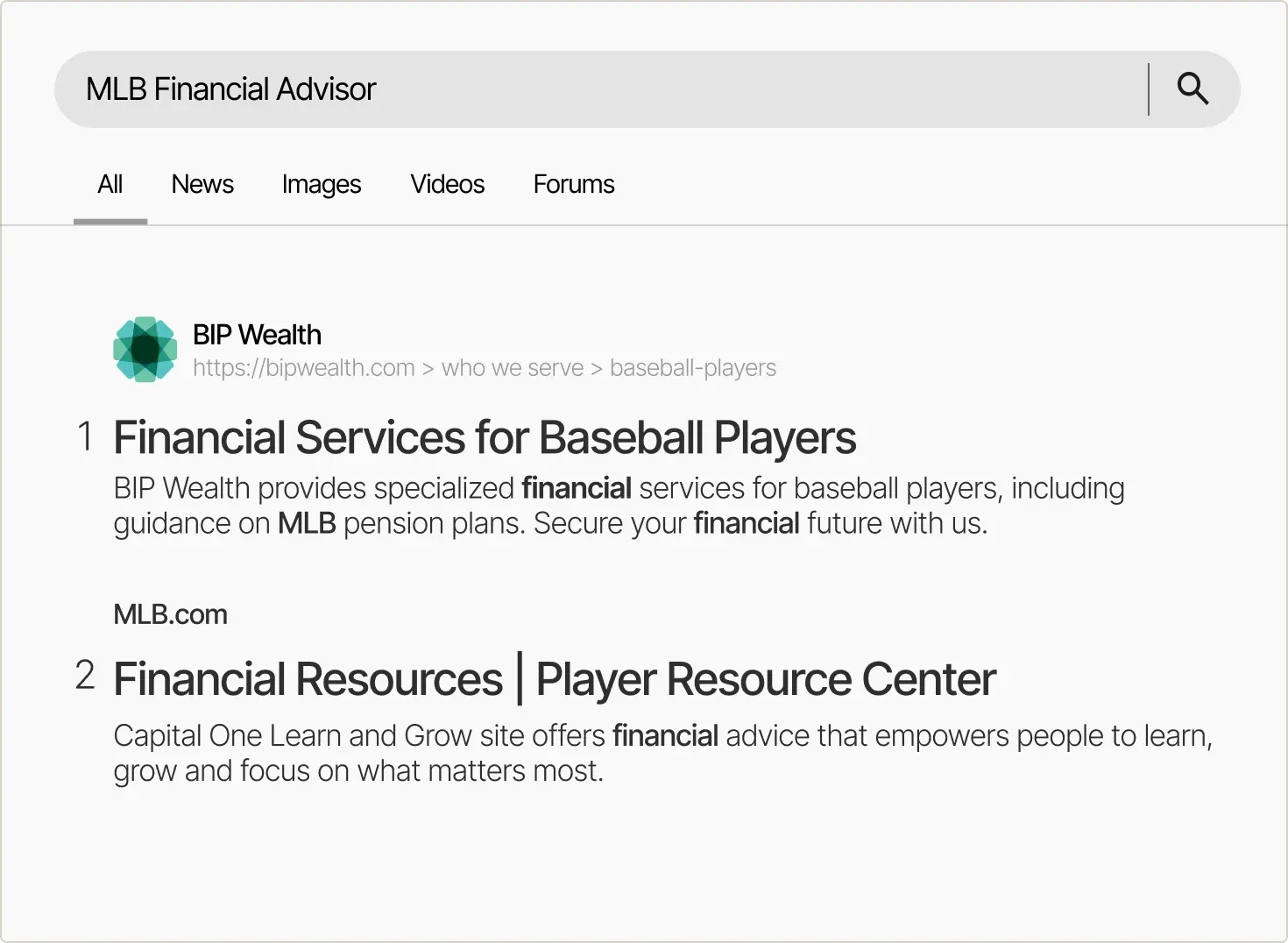 A search for "MLB Financial Advisor" with BIP Wealth's "Financial Services for Baseball Players" ranked first, above MLB.com.