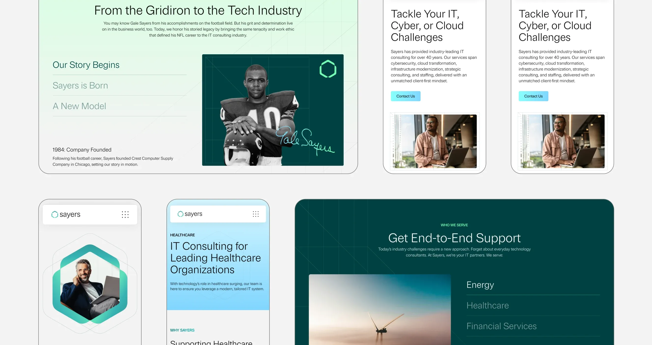 Six screens of the new Sayers website side by side, from its story to its healthcare and energy pages.