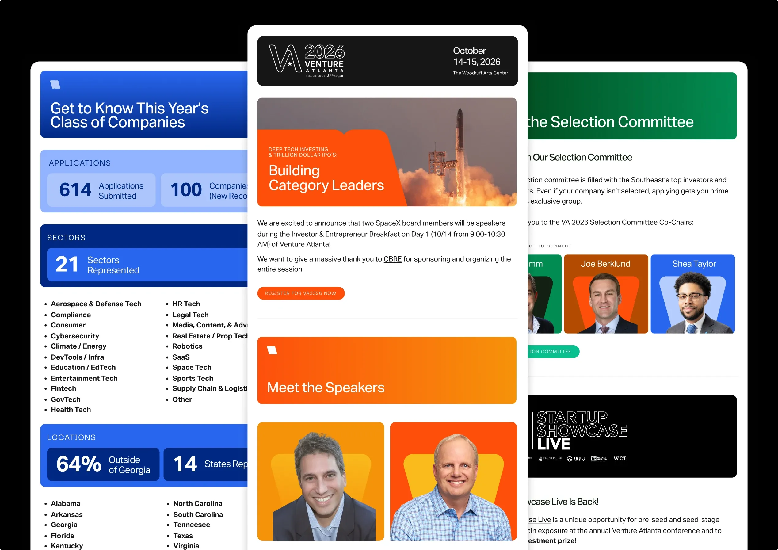 Three Venture Atlanta emails side by side: this year's class of companies, building category leaders, and the selection committee.