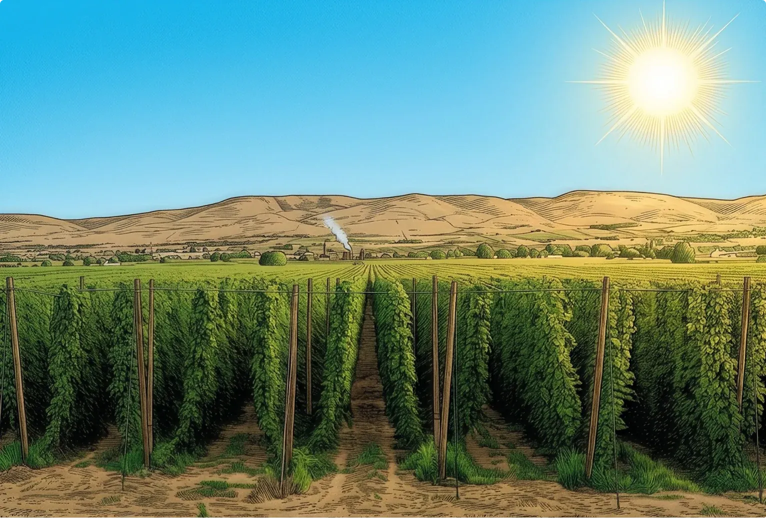 An engraved illustration of a Yakima hop yard under a blazing sun, rows of bines on tall poles before dry hills.