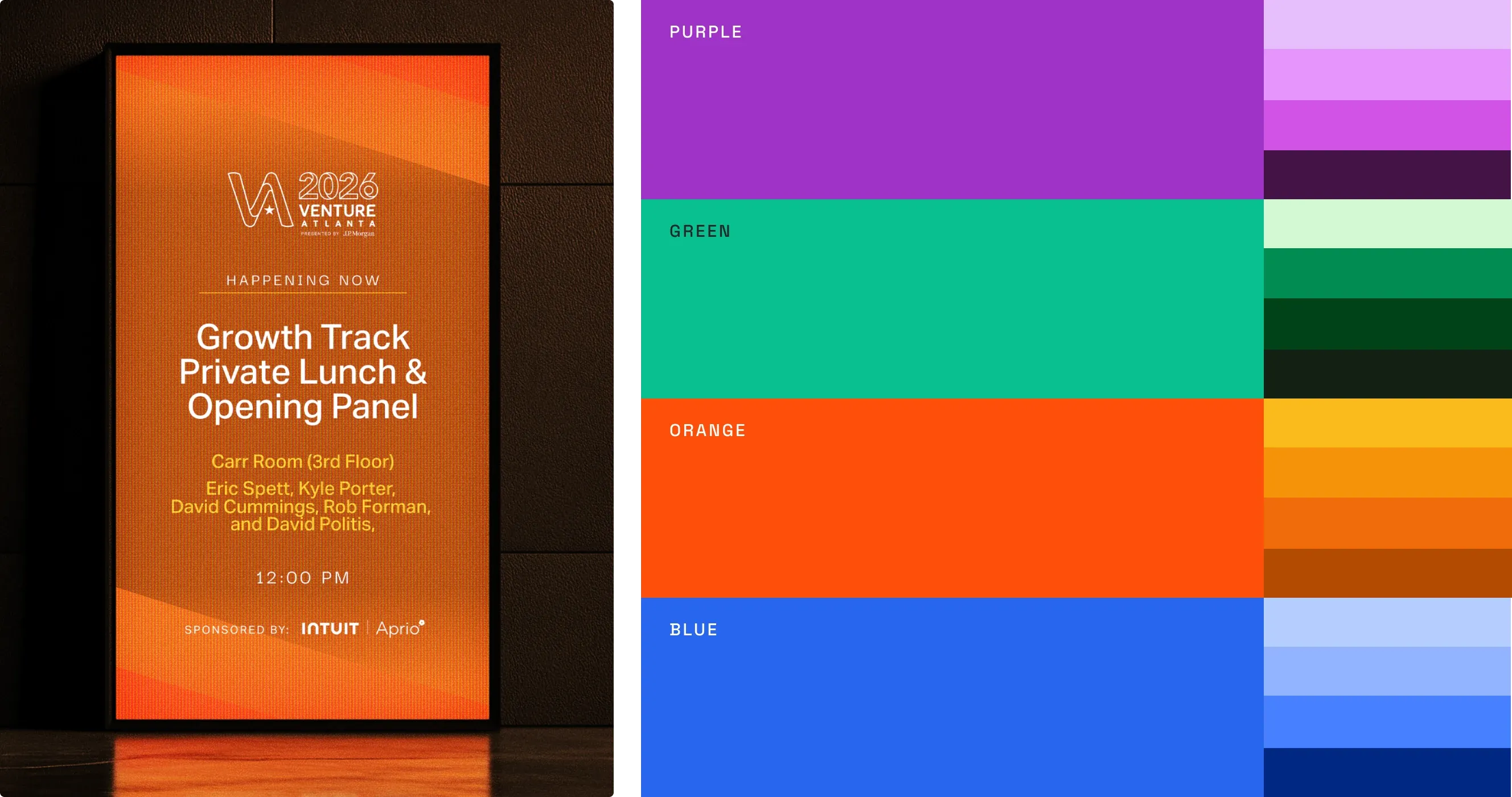 A tall orange event screen for the Growth Track private lunch beside the conference palette of purples, greens, oranges and blues.