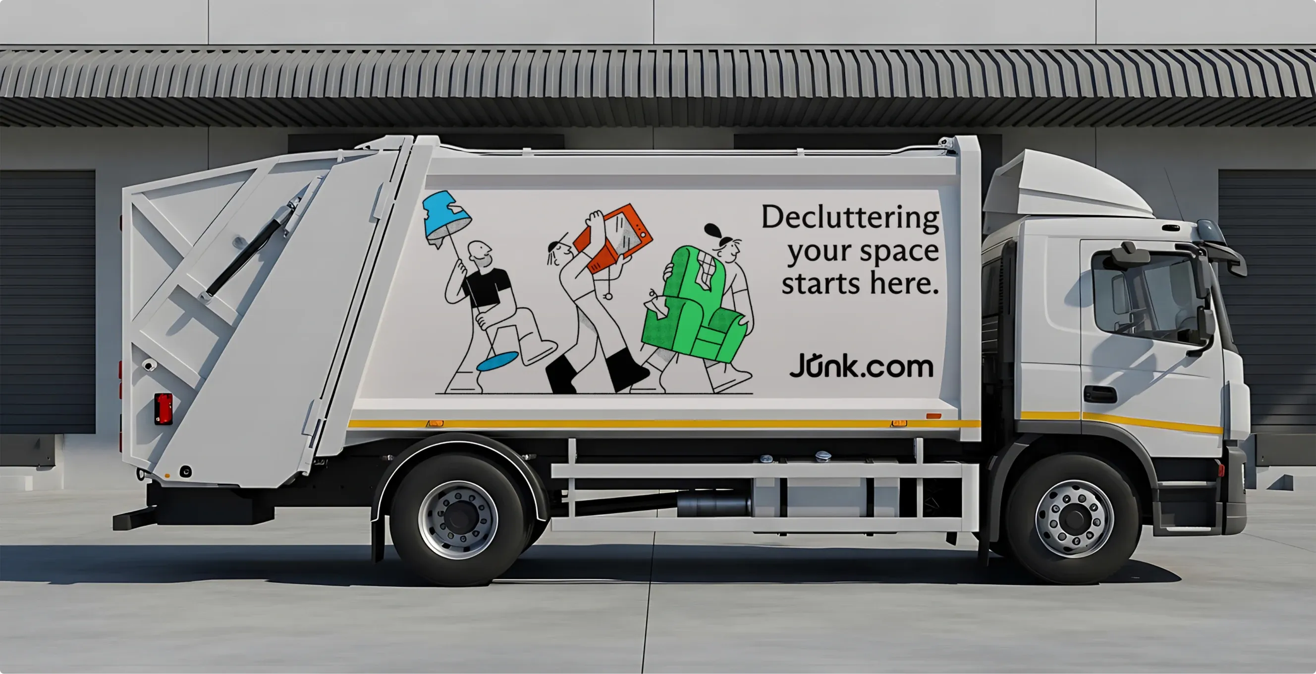 A garbage truck wrapped in the Junk.com illustration: “Decluttering your space starts here.”