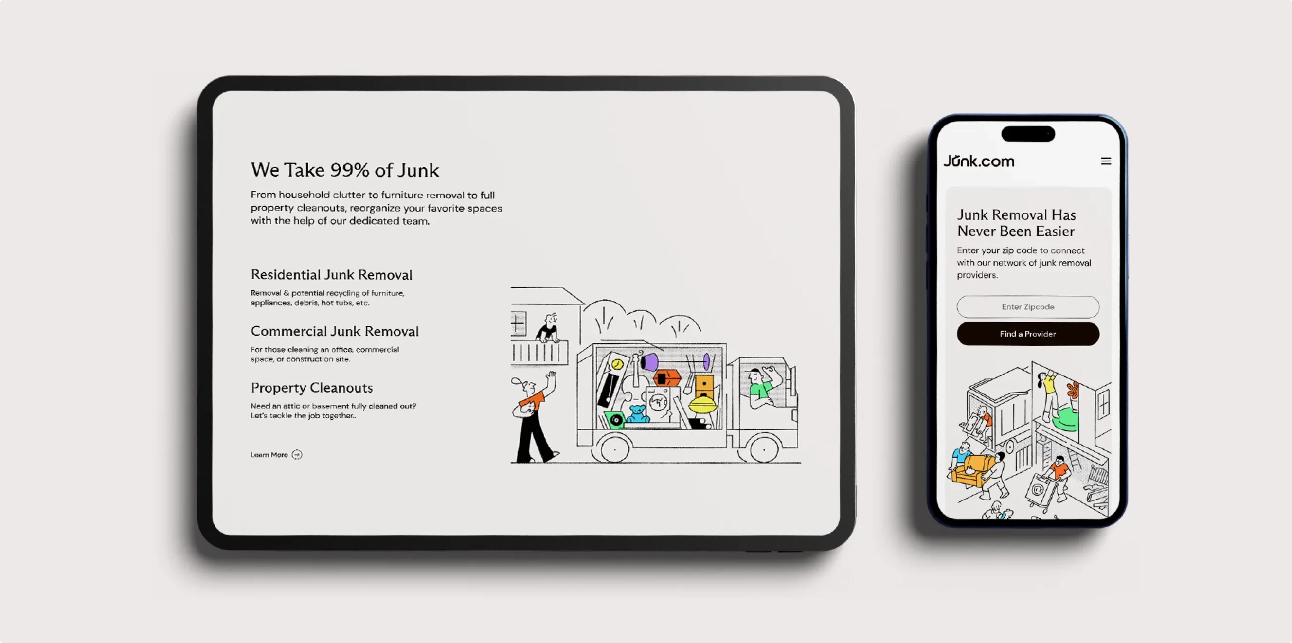 Junk.com service pages on a tablet and a phone.