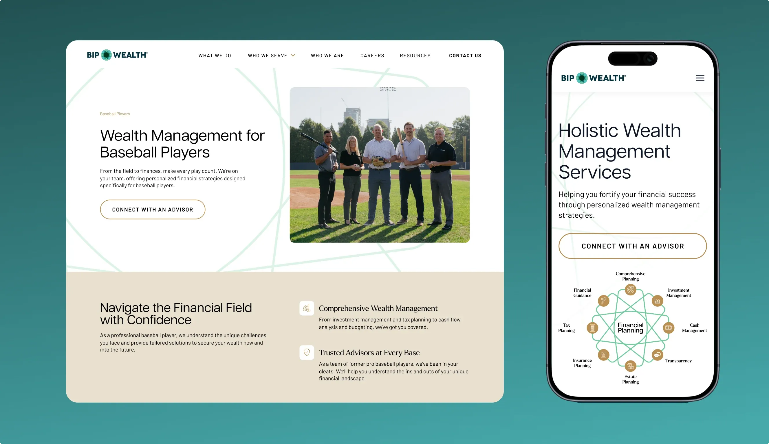 BIP Wealth's baseball players page on a laptop and its services page on a phone, over a teal ground.
