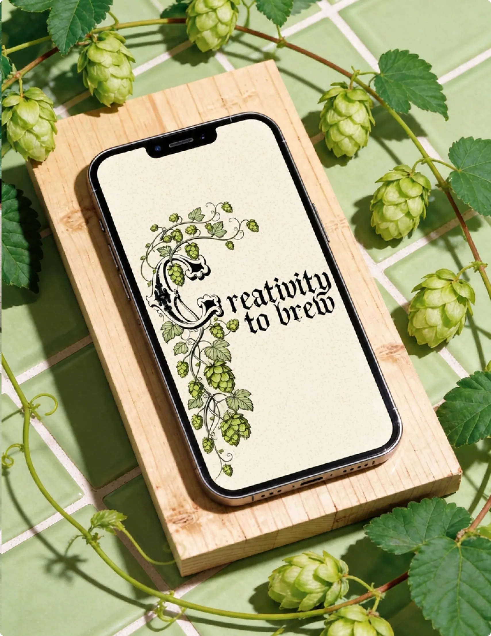 A phone on a wooden board reading "creativity to brew" in vine lettering, ringed by fresh hop cones.